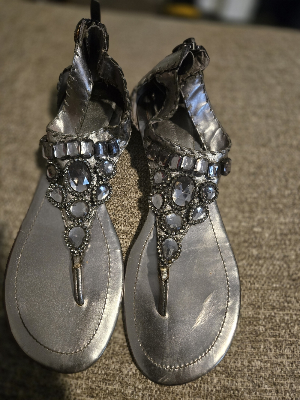Enzo Angiolini Silver Jeweled T-Strap Sandals